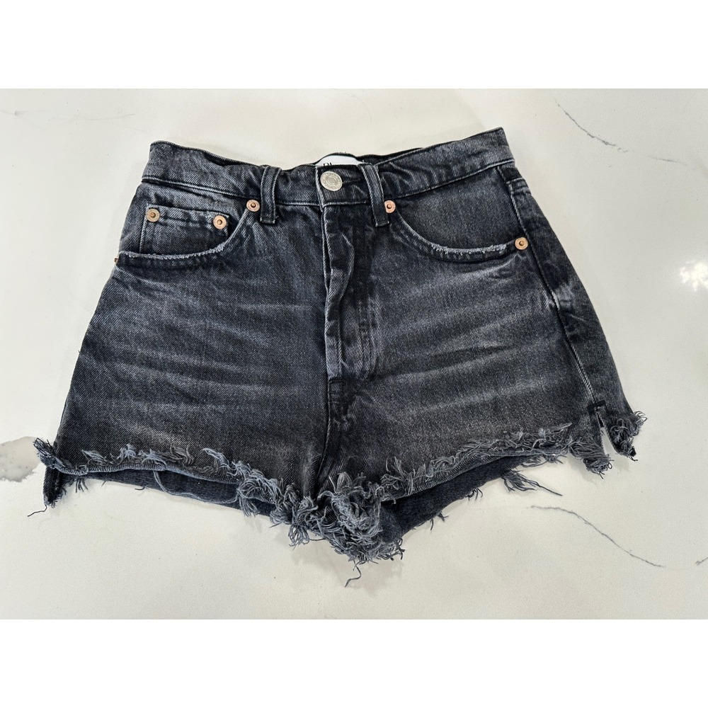 Zara Womens High Waisted Distressed Denim Shorts Washed Black Size 2 26W